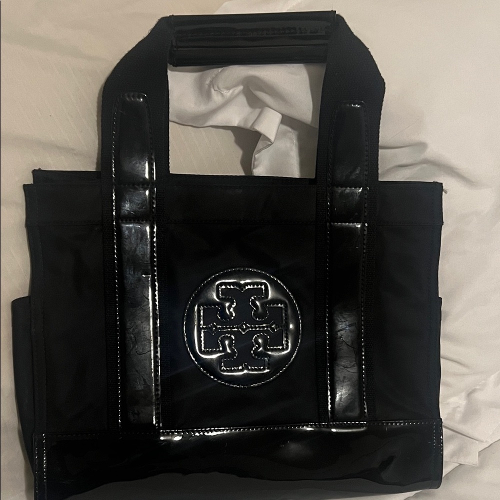 Tory Burch Black Patent-Trim Canvas Tote with Logo